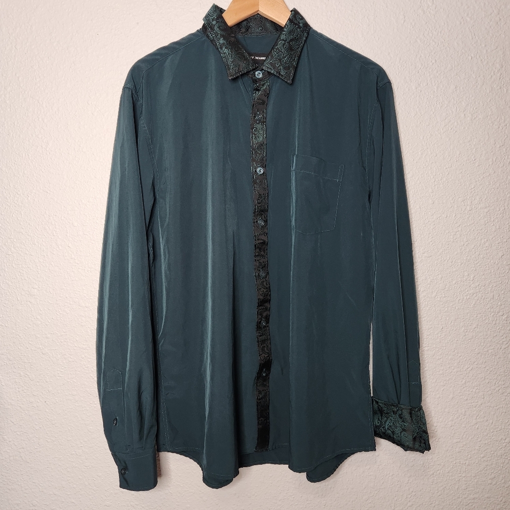 Barry.Wang Green Button-Up Shirt with Collar And Cuff Paisley Trim Mens Size XL